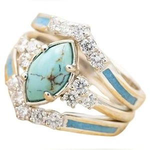 3 PCS Ring Set Natural Turquoise Diamond Rings Turquoise Silver Color Rings